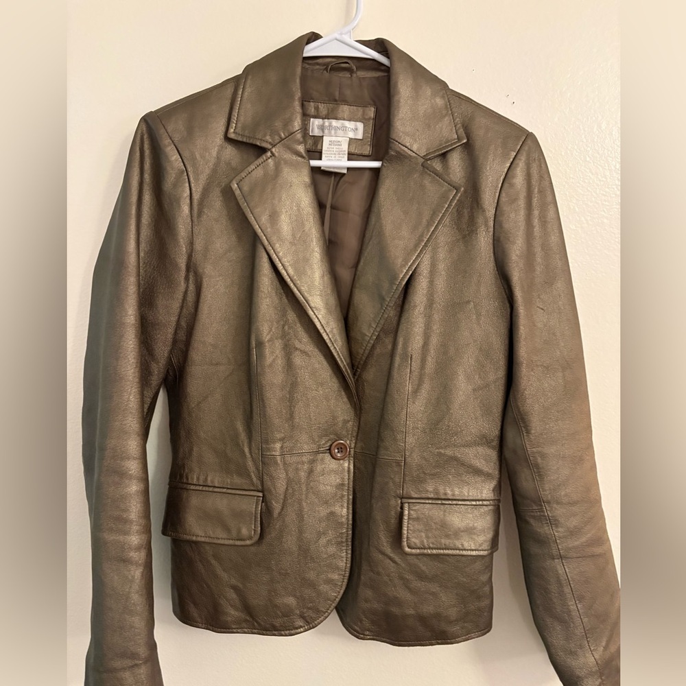 Worthington Metallic Lambskin Genuine Leather Blazer Y2K Glam Statement Jacket - Picture 9 of 12